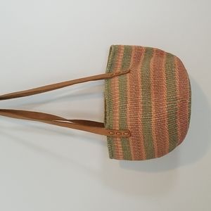 Vintage Leather And Straw Mutli Colored Woven Basket Large Bag Bohemian